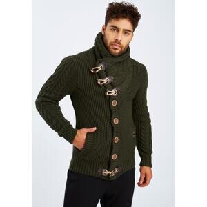 Leif Nelson Cardigan with Stand-Up Collar Forest Green Fisherman Irish Large